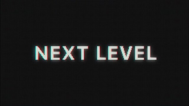 Next Level text message appear on old display. Pixeled text animated on retro monitor with chromatic abberations. 4k 60 fps