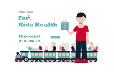 Big Christmas sale of medicines for chidren. Black Friday discounts for a website, pharmacy, store, or app with medical and pharmaceutical products. Bright holiday banner with pills, little boy, toys