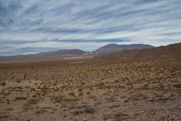 Desert landscape. View of the arid land, valley, vegetation and mountains in the horizon.
