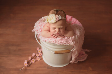 Unsurpassed sleeping newborn girl sleeping in a bucket