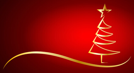 Postal roja de navidad con árbol de navidad moderno dorado.