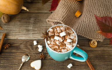 Hot cocoa with marshmallows in a blue ceramic mug with autumn leaves and pumpkins on a wooden table. The concept of hygge, cozy autumn, Thanksgiving, fall. Hot drinks.Autumn Still Life