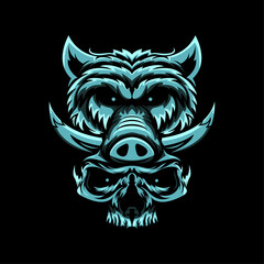 Pig skull with bones. Head skeleton of pigs. Logo for Halloween