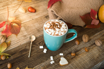 Hot cocoa with marshmallows in a blue ceramic mug with autumn leaves and pumpkins on a wooden table. The concept of hygge, cozy autumn, Thanksgiving, fall. Hot drinks.Autumn Still Life