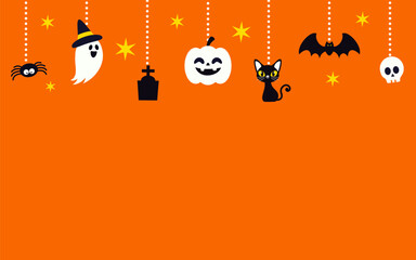 Happy Halloween Background vector illustration. Halloween hanging ornaments on orange background.flat design