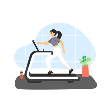 Fitness gym. Young woman running on treadmill, flat vector illustration. Sport and healthy lifestyle.