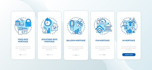 Fototapeta na wymiar Mortgage types onboarding mobile app page screen with concepts. Adjustable-rate, ballon, FHA loan walkthrough 5 steps graphic instructions. UI vector template with RGB color illustrations
