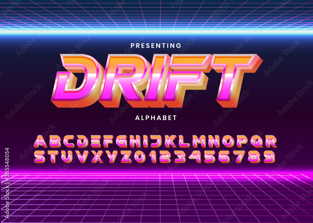 Fototapete retro futuristic 80s font style. vector alphabet with chrome effect template for game title, poster 