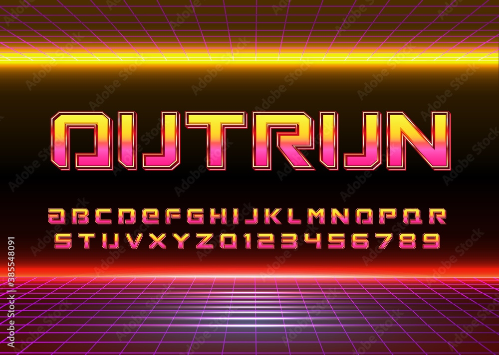 Fototapete retro futuristic 80s font style. vector alphabet with chrome effect template for game title, poster 