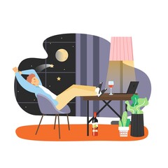 Young man working from home office and drinking wine, flat vector illustration.