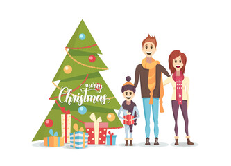 Happy family with Decorated X mas tree with gift boxes isolated on white. Mom, dad and son are dressed in scarves. Family smiles and joy. Flat style vector illustration.  Merry Christmas and New Year