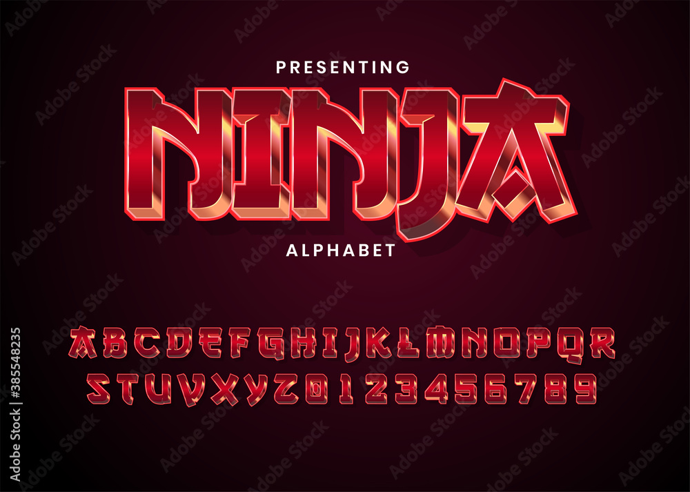 Poster 3d modern red metallic game style font alphabet collection. ninja game logo title template. realisti