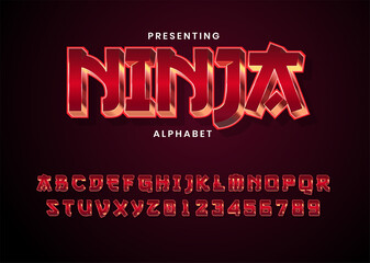 3d modern red metallic game style font alphabet collection. Ninja game logo title template. Realistic metal font. Shiny metallic letters with shadows, chrome text and metals alphabet.