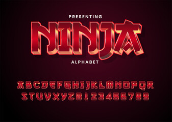 3d modern red metallic game style font alphabet collection. Ninja game logo title template. Realistic metal font. Shiny metallic letters with shadows, chrome text and metals alphabet. © Farizky Studio