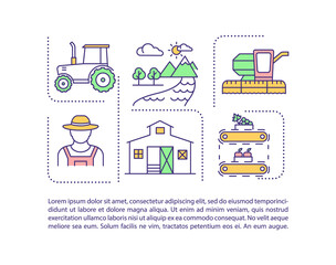 Farming industry concept icon with text. Agriculture equipment technology. Farmer. Crops producing. PPT page vector template. Brochure, magazine, booklet design element with linear illustrations
