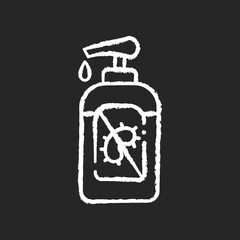 Pump bottle sanitizer chalk white icon on black background. Antibacterial gel in tube. Disinfectant wash for hand sanitation. Personal hygiene product. Isolated vector chalkboard illustration