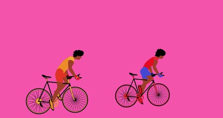 African American cyclists are riding bicycles on the pink background.Cartoon with alpha chanel, flat design