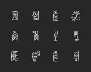 Sanitizer types chalk white icons set on black background. Disinfectant spray. Antibacterial pocket gel. Automatic wall dispenser for liquid soap. Isolated vector chalkboard illustrations