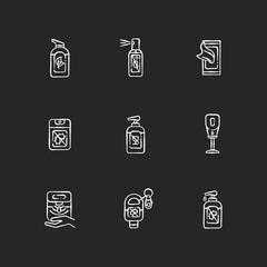 Hand sanitizers chalk white icons set on black background. Antibacterial gel. Disinfectant liquid soap in tube. Product for infection and virus prevention. Isolated vector chalkboard illustrations
