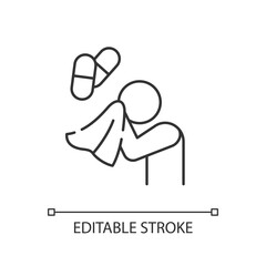 Antihistamine medications linear icon. Pill for allergy treatment. Flu medication. Illness remedy. Thin line customizable illustration. Contour symbol. Vector isolated outline drawing. Editable stroke