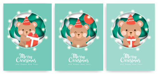 Set of Christmas greeting cards with cute bear .