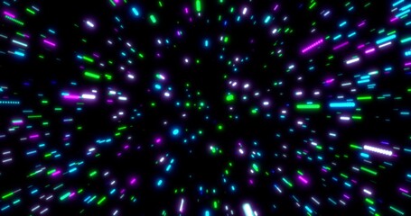 Glowing neon lines tunnel. Blue red pink and violet colorful lighting. Fluorescent ultraviolet lights in the space. Seamless 3D rendering background. 3D illustration