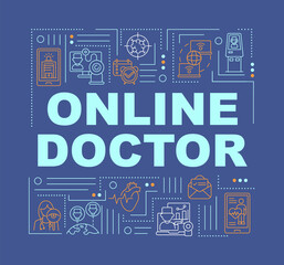Online doctor word concepts banner. Virtual consultation. Online antibiotics prescription. Infographics with linear icons on blue background. Isolated typography. Vector outline RGB color illustration