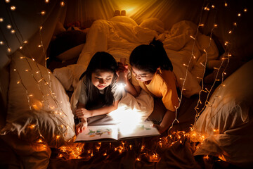 Family concept. elder sister and sister reading book with flashlight together before bedtime. Sister read story book together in bed sheet tent. focus selective little sister. With film grain effect