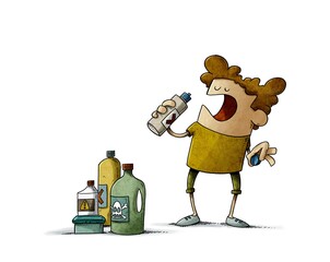 kid is going to drink detergent from a bottle. home hazards. isolated