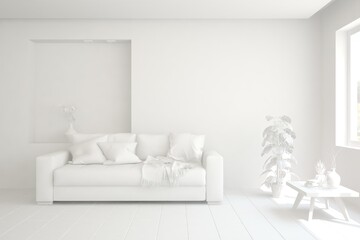 White minimalist living room with sofa. Scandinavian interior design. 3D illustration