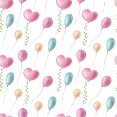 Watercolor cute balloon pattern on the light background. Bright kids illustration with isolated elements.