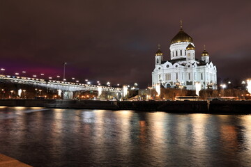 Fototapeta na wymiar Night View Moscow Cathedral of Jesus Christ the Saviour with Patriarshiy Bridge, Russia