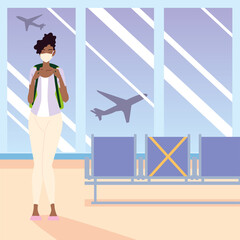 airport new normal, young afro american woman with mask and backpack waiting for flight