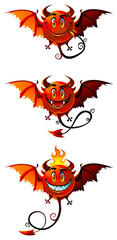 set of smiling devils emoticons. Round red face, a predatory smile, wings, and fire! For Halloween. Vector image, isolated, on a white background. - obrazy, fototapety, plakaty
