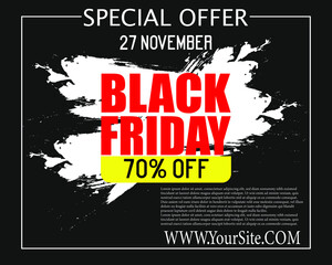 Black Friday big sale inscription design template. Up to 70 percent off. Promotional banner with black white bokeh. Eps 10 vector.