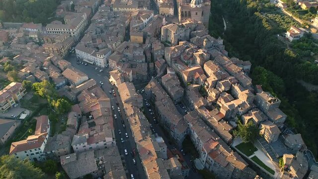 Aerial view of Ronciglione a village in Viterbo. Street houses and a beautiful landscape