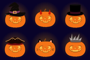 glowing pumpkins in Halloween costumes