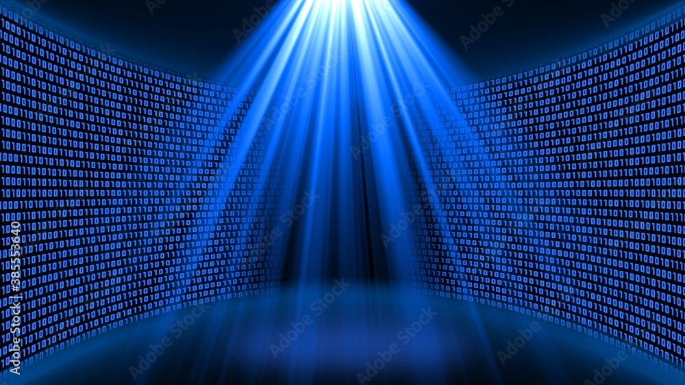 Poster abstract data flow background - bright blue shining light beam in the shape of a cone in front of a 