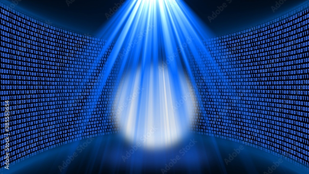 Poster abstract data flow background - bright blue shining light beam in the shape of a cone with integrate