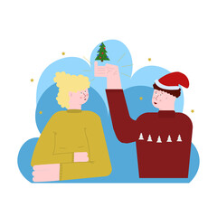 Happy new year and merry Christmas. Vector flat illustration. man and woman. Sympathy, love, friendship, relationship, smile