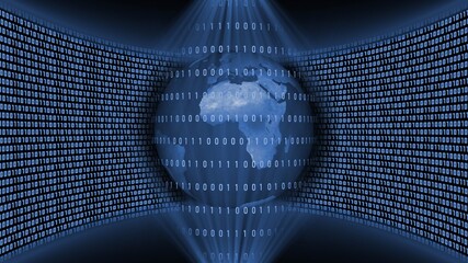 Abstract data flow background - earth globe behind lines of binary code inside a light beam in the shape of a double sided cone in front of a wall of binary code in dark blue color - 3D illustration