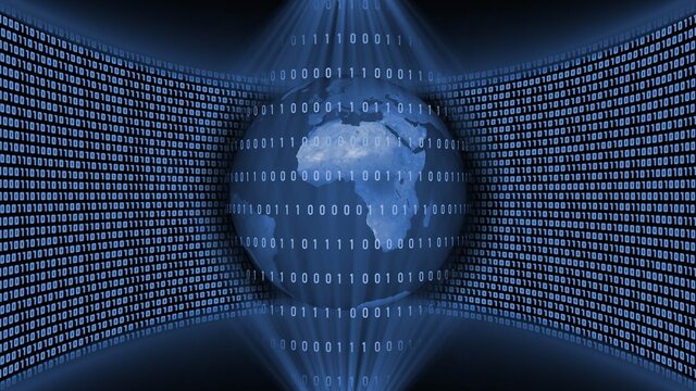 Abstract data flow background - earth globe behind lines of binary code inside a light beam in the shape of a double sided cone in front of a wall of binary code in dark blue color - 3D illustration