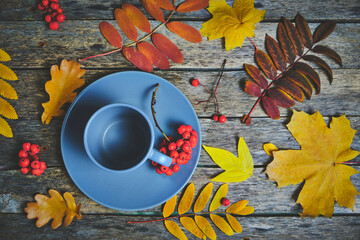 Fototapeta na wymiar Blue mug and saucer on a wooden table with autumn leaves and red mountain ash.