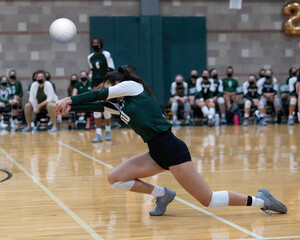 Young girls making plays in a competitive volleyball game