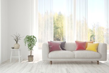 Stylish room in white color with sofa and autumn landscape in window. Scandinavian interior design. 3D illustration