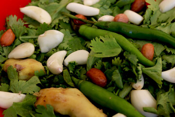 portrait view of Indian raw spice coriander,green chilli,garlic,ginger,and peanut