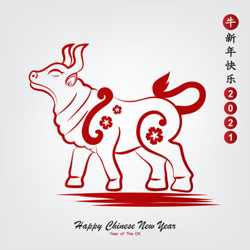 Happy Chinese New Year. Year of The Ox 2021. Chinese Zodiac temple traditional decoration of vecter Illustration. Chinese is mean Happy Chinese New Year.