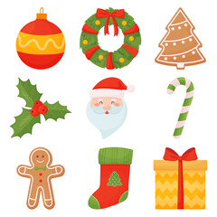 Set of Christmas icons in cartoon style. Christmas sock, santa, wreath, christmas ball, candy cane, gift, holly and gingerbread cookie.
