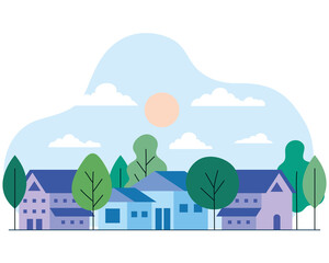 City houses with trees sun and clouds design, architecture and urban theme Vector illustration