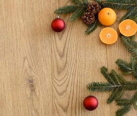 Christmas holidays composition on a wooden background.